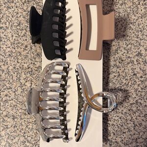 Set of Four Hair Claw Clips in Black, Tan, and Silver